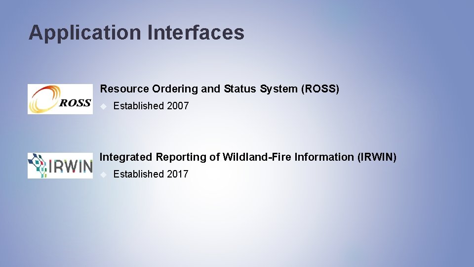 Application Interfaces Resource Ordering and Status System (ROSS) Established 2007 Integrated Reporting of Wildland-Fire