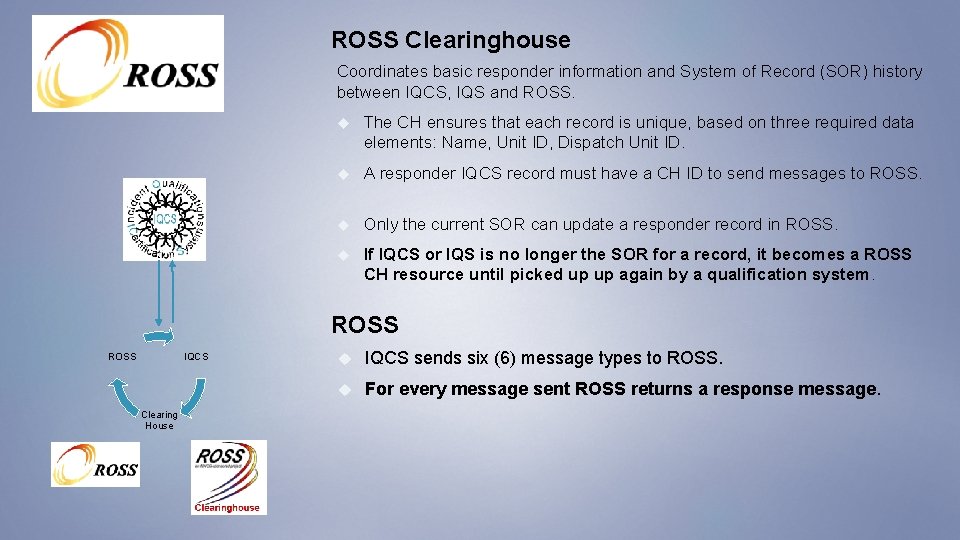 ROSS Clearinghouse Coordinates basic responder information and System of Record (SOR) history between IQCS,