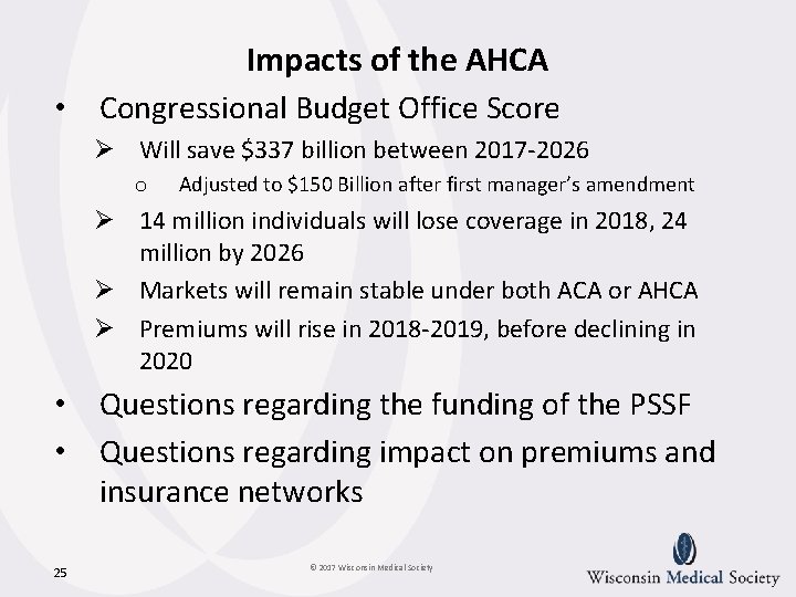 Impacts of the AHCA • Congressional Budget Office Score Ø Will save $337 billion