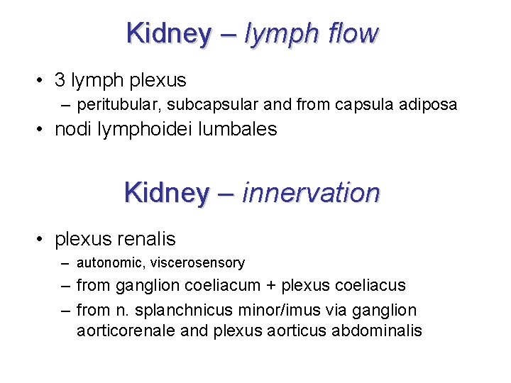 Kidney – lymph flow • 3 lymph plexus – peritubular, subcapsular and from capsula Kidney – lymph flow • 3 lymph plexus – peritubular, subcapsular and from capsula
