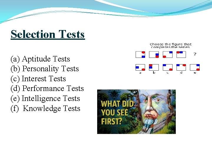 Selection Tests (a) Aptitude Tests (b) Personality Tests (c) Interest Tests (d) Performance Tests