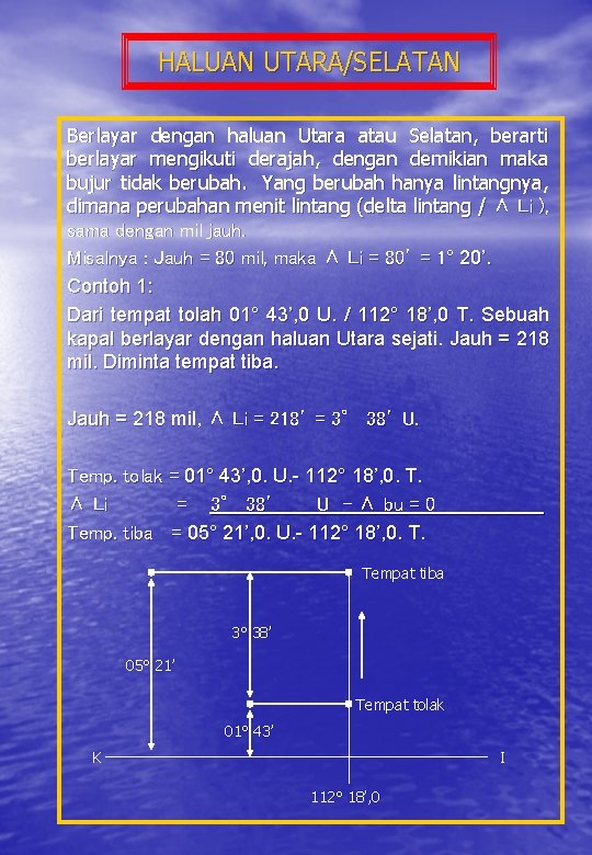 HALUAN UTARA/SELATAN Berlayar dengan haluan Utara atau Selatan, berarti berlayar mengikuti derajah, dengan demikian