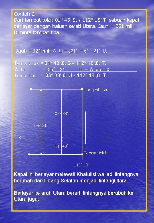 Contoh 2 : Dari tempat tolak 01° 43’ S. / 112° 18’ T. sebuah