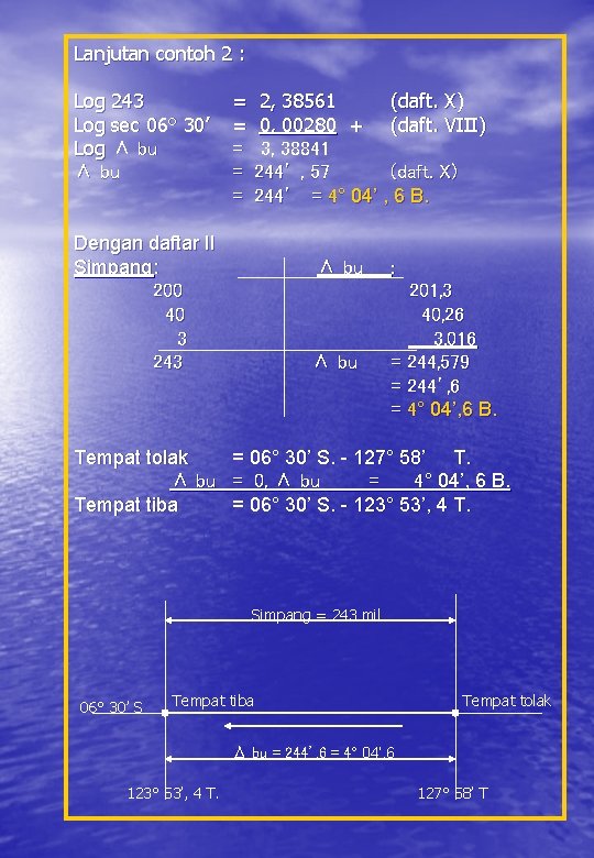 Lanjutan contoh 2 : Log 243 Log sec 06° 30’ Log Δ bu =