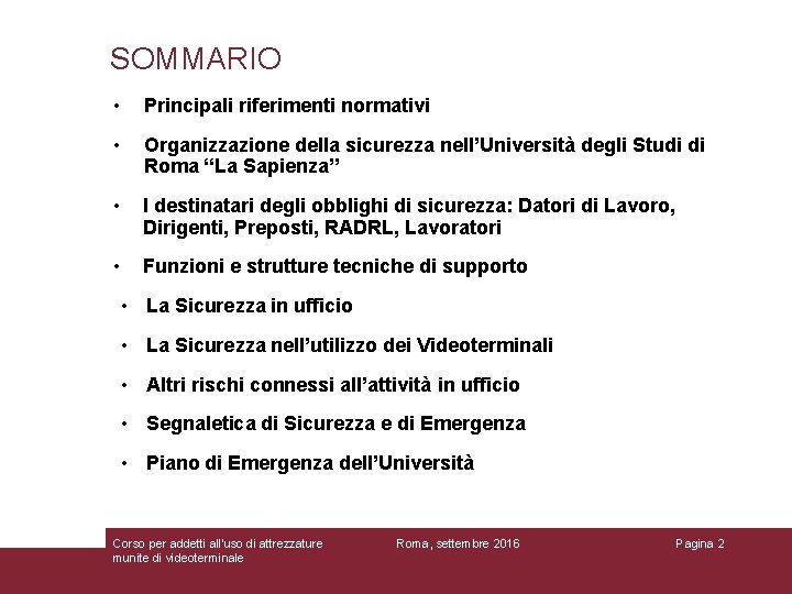 SOMMARIO • Principali riferimenti normativi • Organizzazione della sicurezza nell’Università degli Studi di Roma