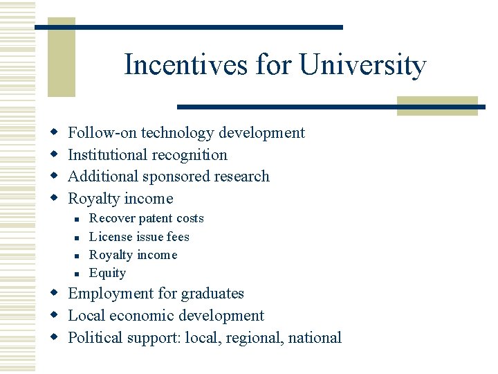Incentives for University w w Follow-on technology development Institutional recognition Additional sponsored research Royalty