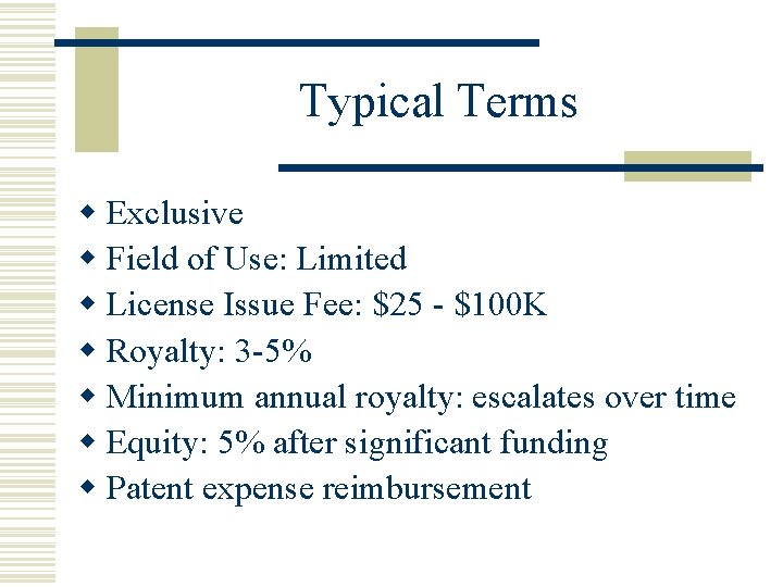 Typical Terms w Exclusive w Field of Use: Limited w License Issue Fee: $25
