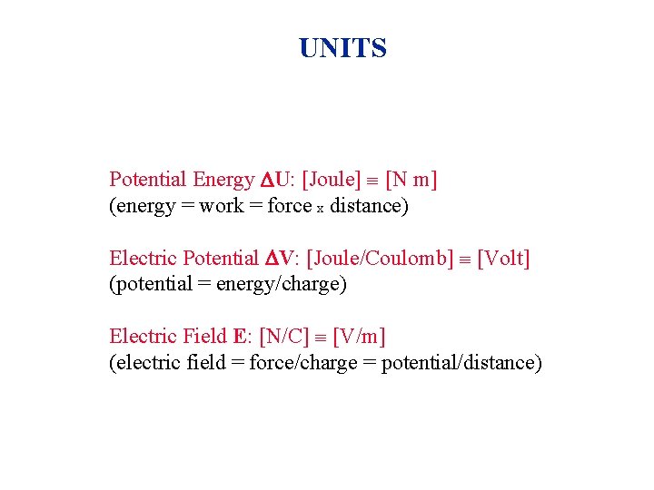 UNITS Potential Energy U: [Joule] [N m] (energy = work = force x distance)