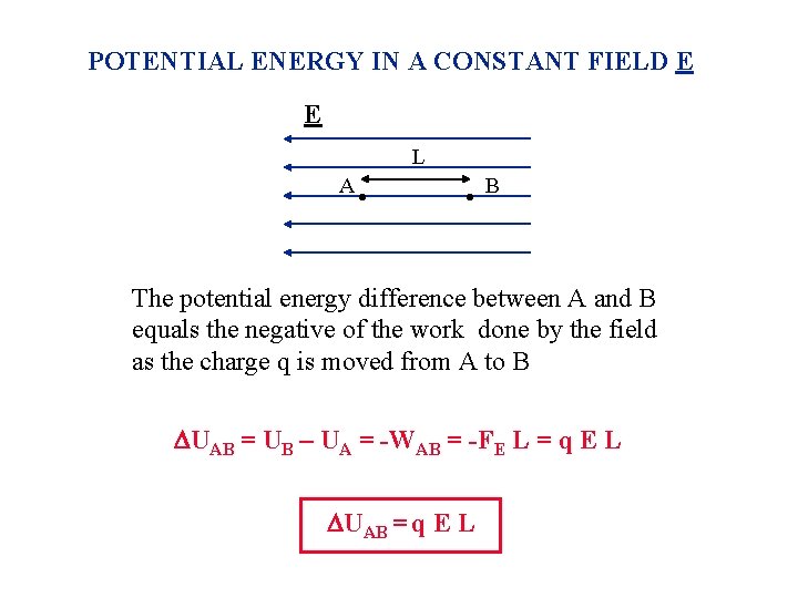 POTENTIAL ENERGY IN A CONSTANT FIELD E E L A • • B The