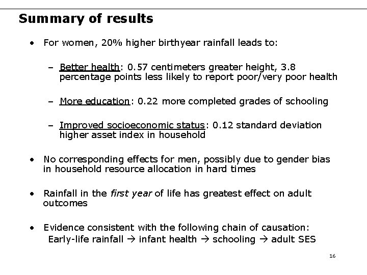Summary of results • For women, 20% higher birthyear rainfall leads to: – Better Summary of results • For women, 20% higher birthyear rainfall leads to: – Better