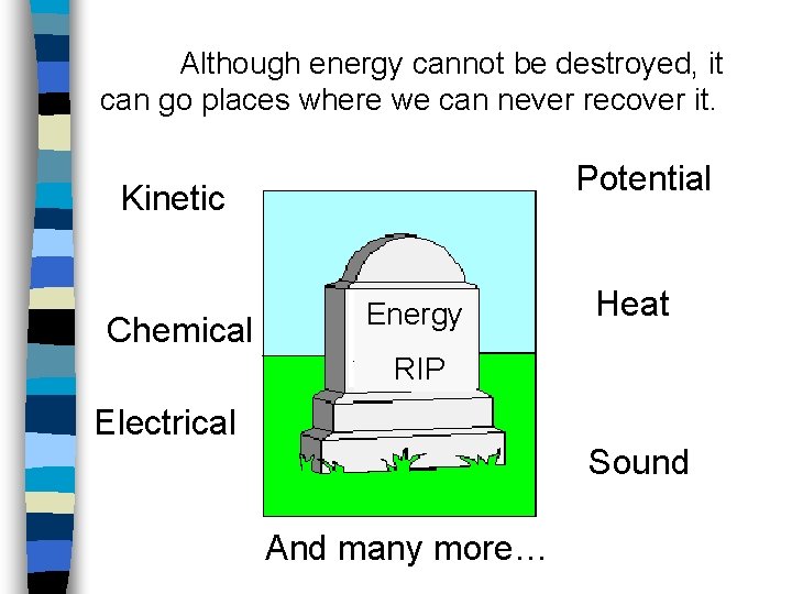 Although energy cannot be destroyed, it can go places where we can never recover
