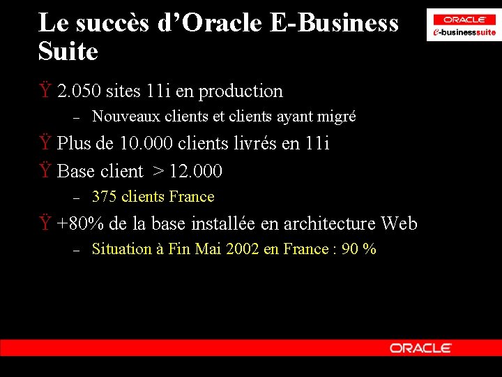 Le succès d’Oracle E-Business Suite Ÿ 2. 050 sites 11 i en production – Le succès d’Oracle E-Business Suite Ÿ 2. 050 sites 11 i en production –