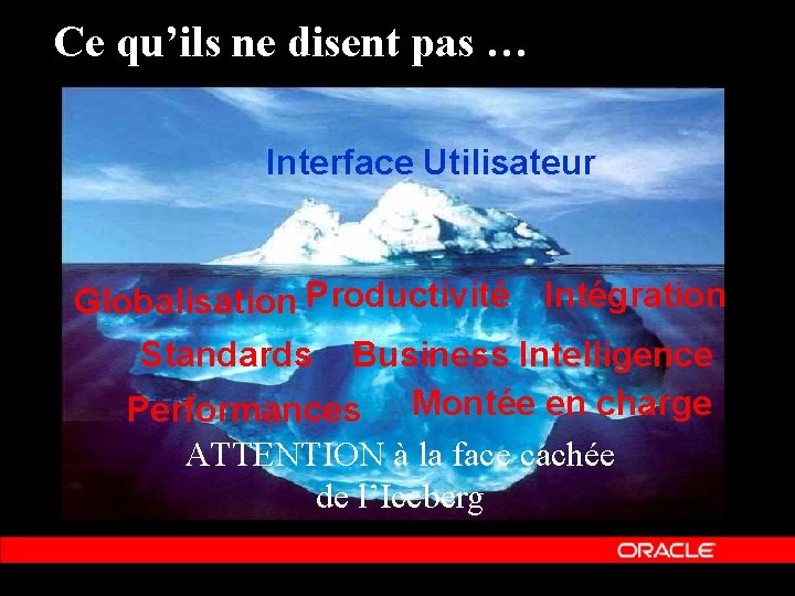 Ce qu’ils ne disent pas … Interface Utilisateur Globalisation Productivité Intégration Standards Business Intelligence