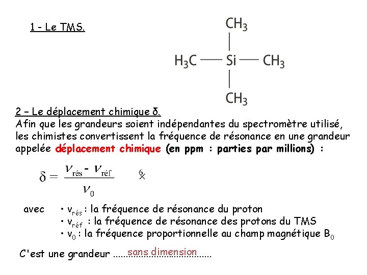 1 - Le TMS. 2 – Le déplacement chimique δ. Afin que les grandeurs