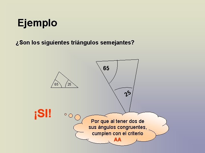 Ejemplo ¿Son los siguientes triángulos semejantes? 65 65 25 25 ¡SI! Por que al Ejemplo ¿Son los siguientes triángulos semejantes? 65 65 25 25 ¡SI! Por que al