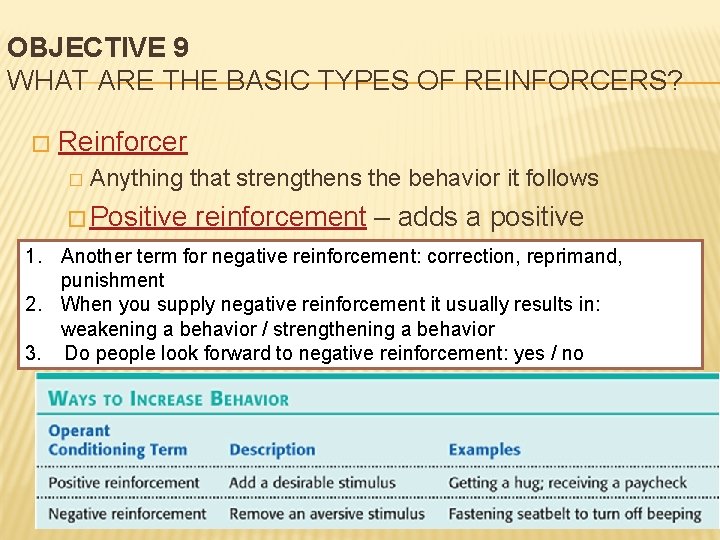 OBJECTIVE 9 WHAT ARE THE BASIC TYPES OF REINFORCERS? � Reinforcer � Anything that