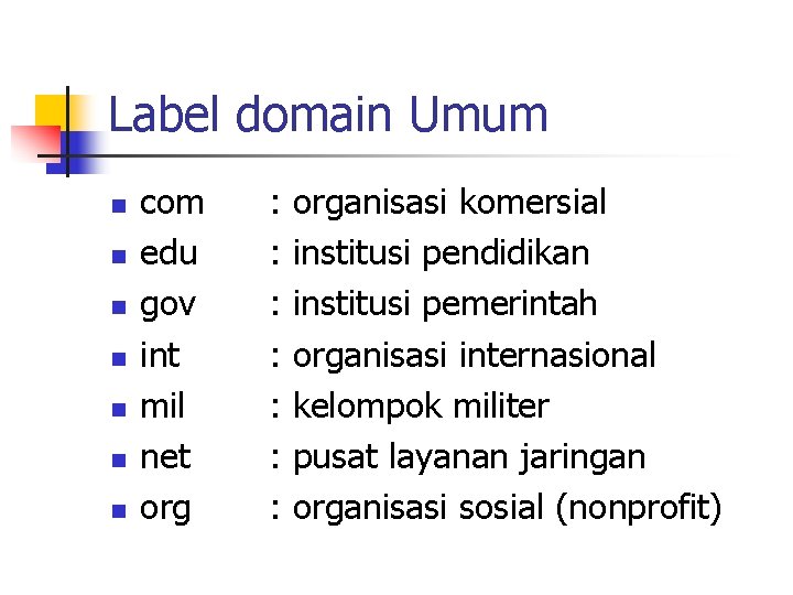 Label domain Umum n n n n com edu gov int mil net org