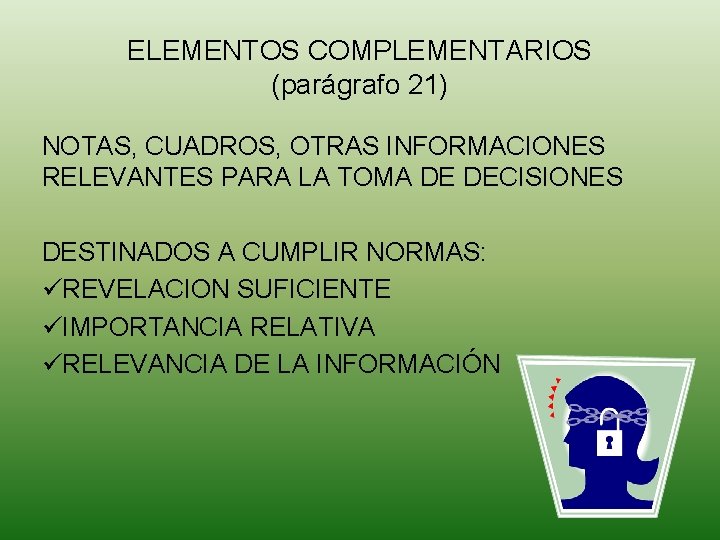 ELEMENTOS COMPLEMENTARIOS (parágrafo 21) NOTAS, CUADROS, OTRAS INFORMACIONES RELEVANTES PARA LA TOMA DE DECISIONES