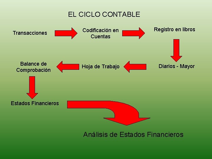 EL CICLO CONTABLE Transacciones Balance de Comprobación Codificación en Cuentas Registro en libros Hoja