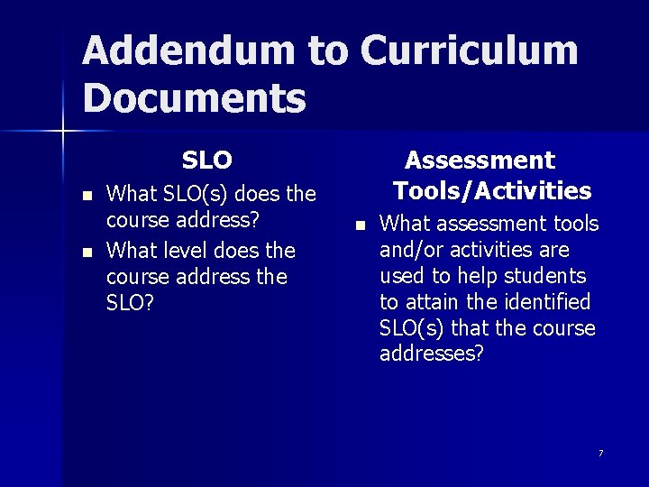Addendum to Curriculum Documents SLO n n What SLO(s) does the course address? What