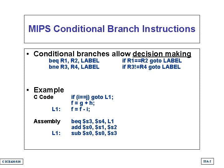 MIPS Conditional Branch Instructions • Conditional branches allow decision making beq R 1, R
