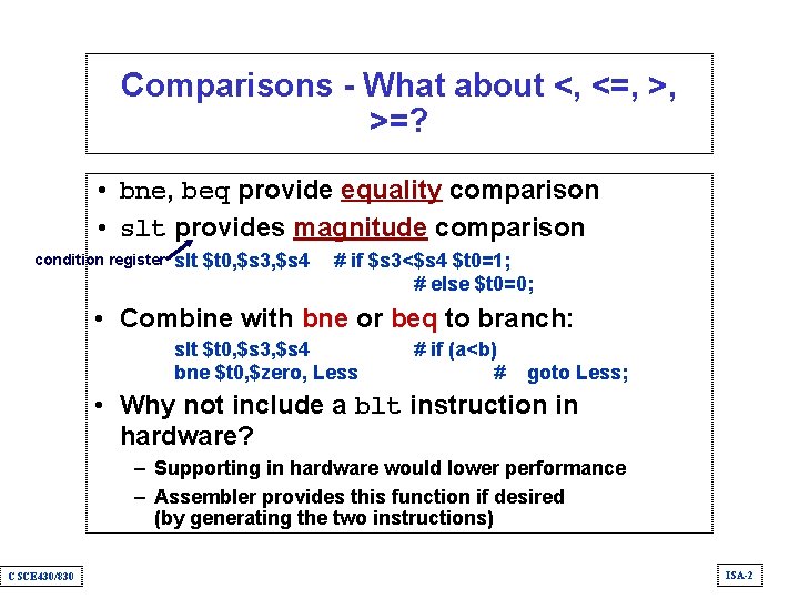 Comparisons - What about <, <=, >, >=? • bne, beq provide equality comparison