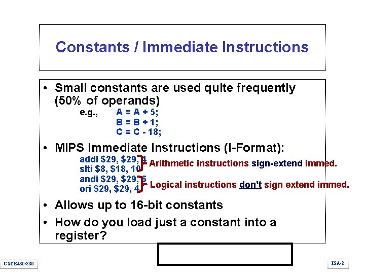 Constants / Immediate Instructions • Small constants are used quite frequently (50% of operands)