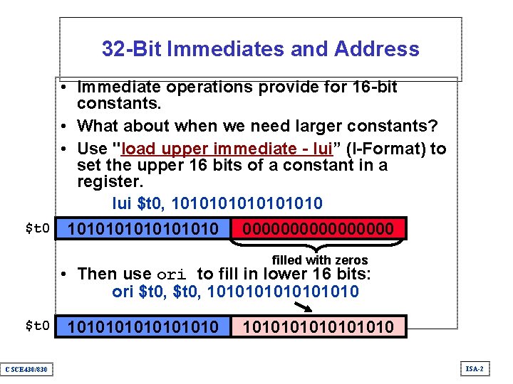 32 -Bit Immediates and Address • Immediate operations provide for 16 -bit constants. •