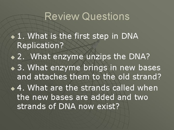 Review Questions 1. What is the first step in DNA Replication? u 2. What