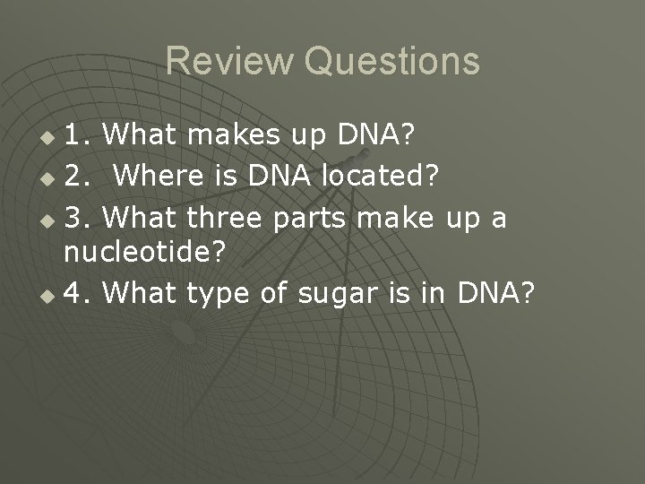 Review Questions 1. What makes up DNA? u 2. Where is DNA located? u