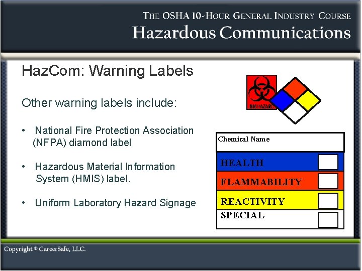 Haz. Com: Warning Labels Other warning labels include: • National Fire Protection Association (NFPA)