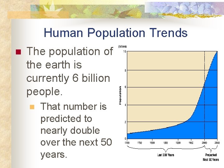 Human Population Trends n The population of the earth is currently 6 billion people.