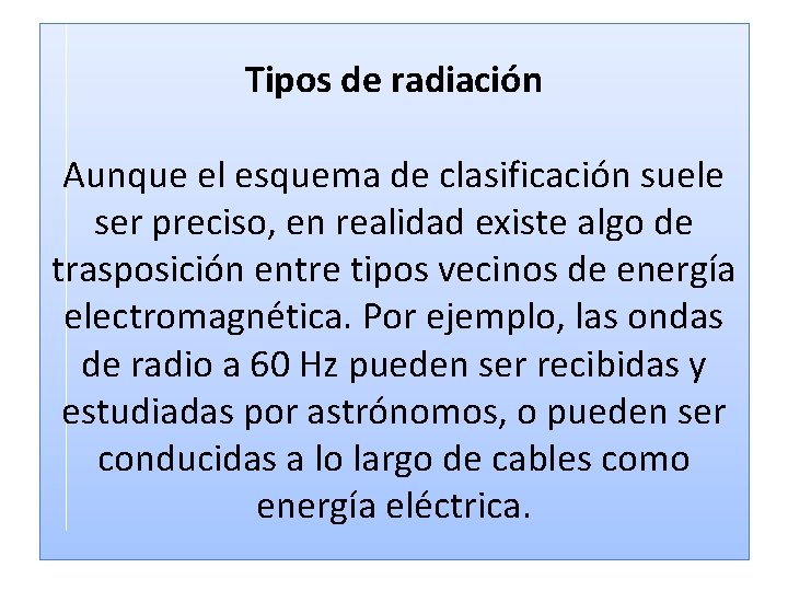 Tipos de radiación Aunque el esquema de clasificación suele ser preciso, en realidad existe Tipos de radiación Aunque el esquema de clasificación suele ser preciso, en realidad existe