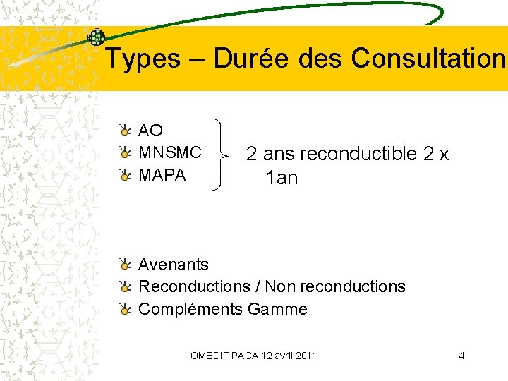 Types – Durée des Consultations AO MNSMC MAPA 2 ans reconductible 2 x 1