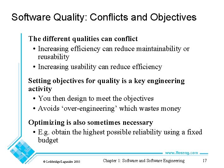 Software Quality: Conflicts and Objectives The different qualities can conflict • Increasing efficiency can