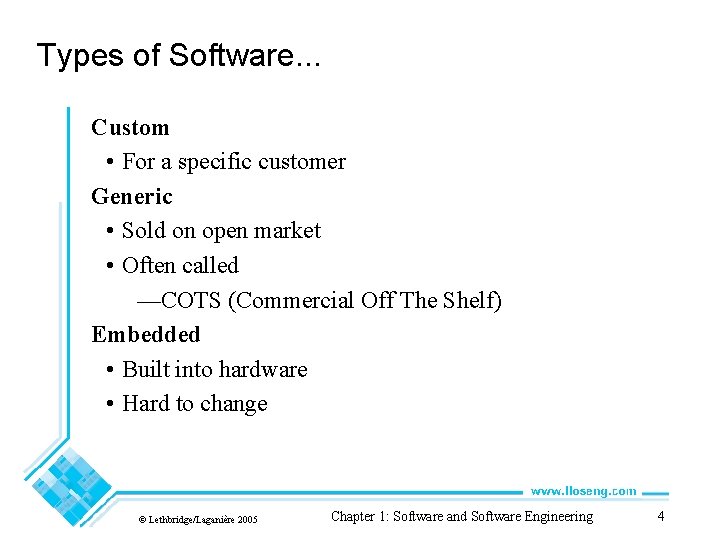 Types of Software. . . Custom • For a specific customer Generic • Sold