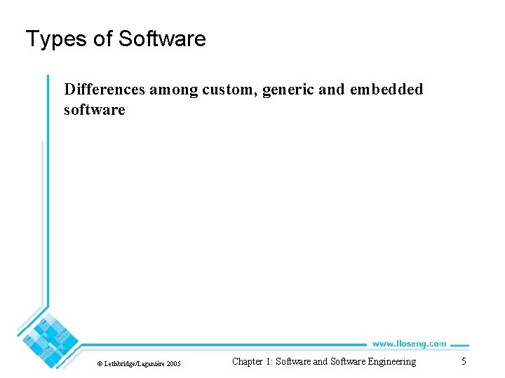 Types of Software Differences among custom, generic and embedded software © Lethbridge/Laganière 2005 Chapter