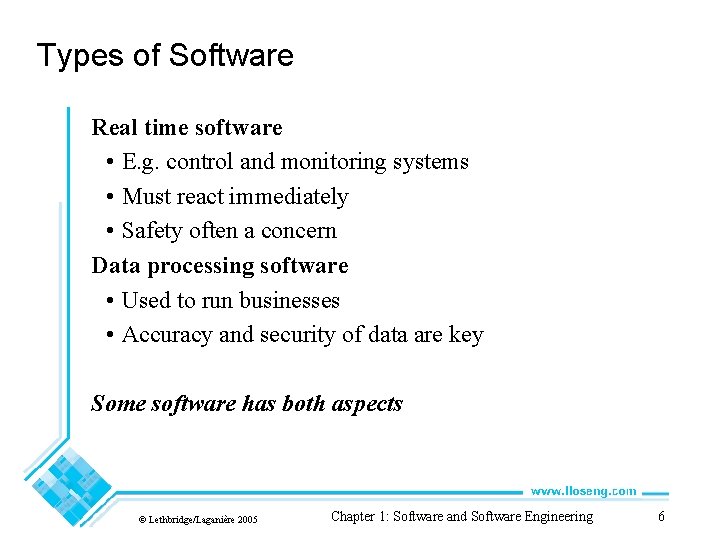 Types of Software Real time software • E. g. control and monitoring systems •