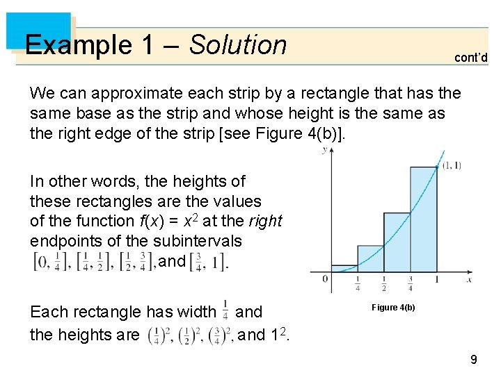 Example 1 – Solution cont’d We can approximate each strip by a rectangle that