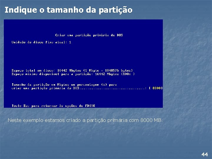 Indique o tamanho da partição Neste exemplo estamos criado a partição primária com 8000
