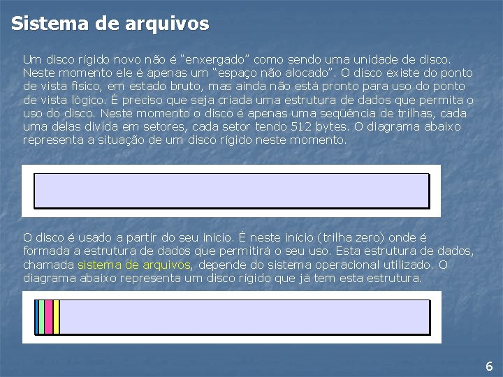 Sistema de arquivos Um disco rígido novo não é “enxergado” como sendo uma unidade