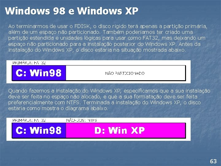 Windows 98 e Windows XP Ao terminarmos de usar o FDISK, o disco rígido