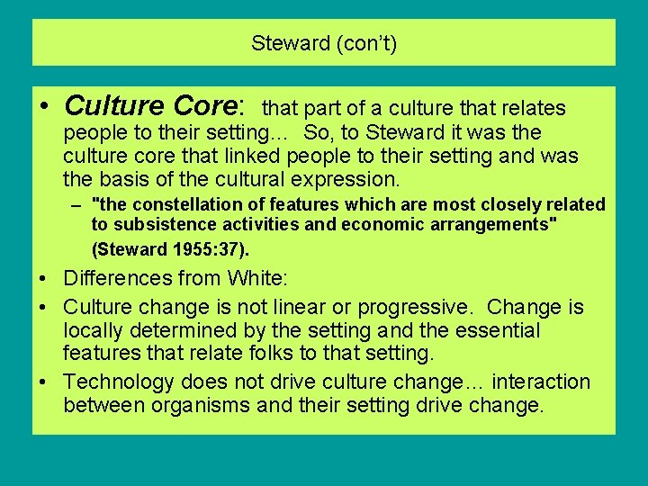 Steward (con’t) • Culture Core: that part of a culture that relates people to
