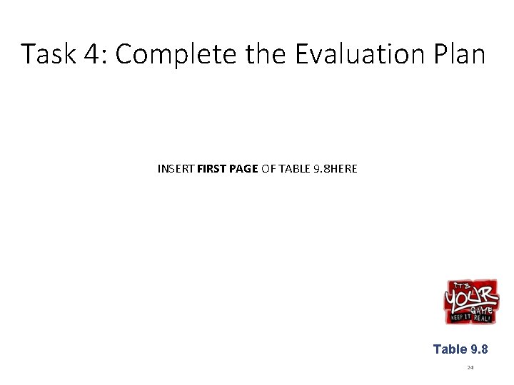 Task 4: Complete the Evaluation Plan INSERT FIRST PAGE OF TABLE 9. 8 HERE