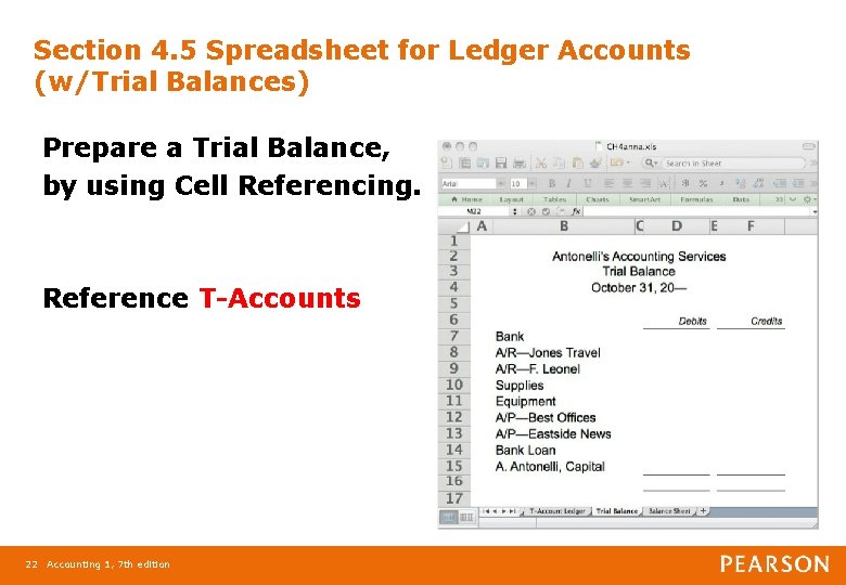 Section 4. 5 Spreadsheet for Ledger Accounts (w/Trial Balances) Prepare a Trial Balance, by