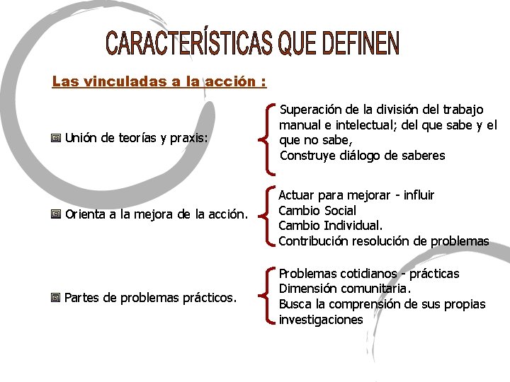 Las vinculadas a la acción : Unión de teorías y praxis: Superación de la