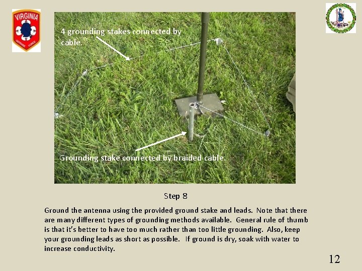 4 grounding stakes connected by cable. Grounding stake connected by braided cable. Step 8