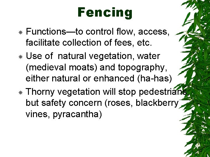 Fencing Functions—to control flow, access, facilitate collection of fees, etc. Use of natural vegetation,