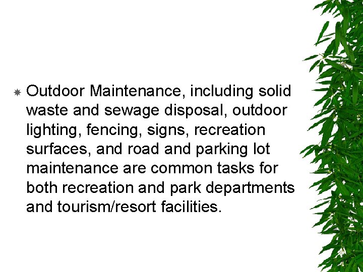  Outdoor Maintenance, including solid waste and sewage disposal, outdoor lighting, fencing, signs, recreation