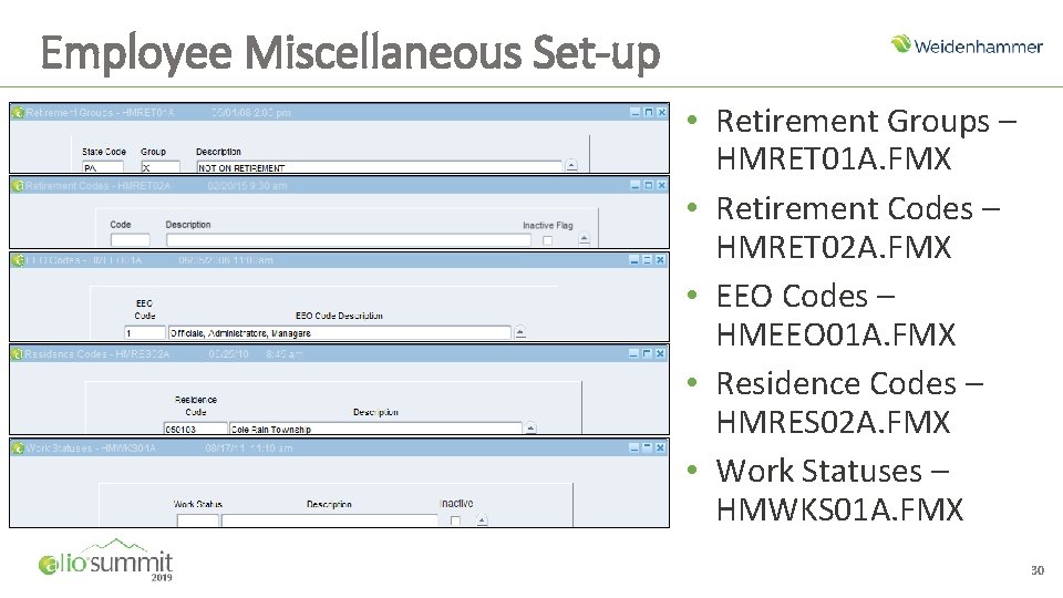 Employee Miscellaneous Set-up • Retirement Groups – HMRET 01 A. FMX • Retirement Codes Employee Miscellaneous Set-up • Retirement Groups – HMRET 01 A. FMX • Retirement Codes